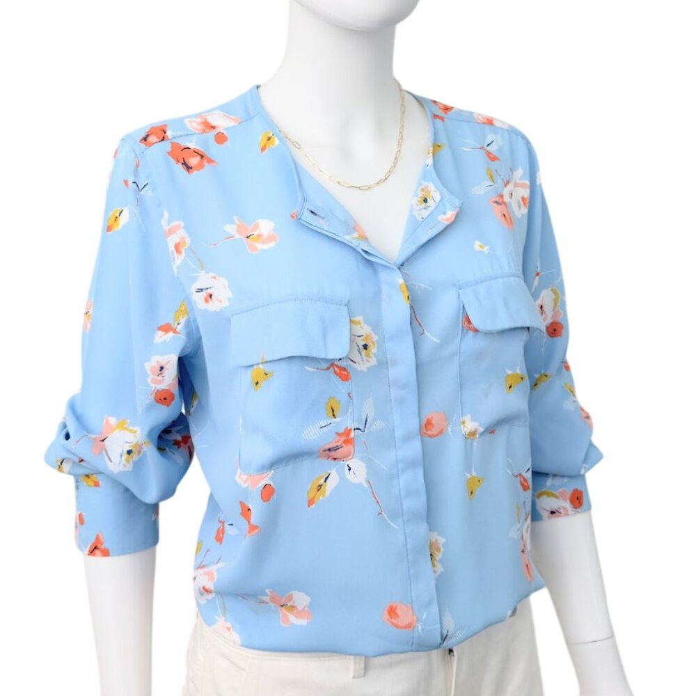 Who What Wear Floral Button Down Blouse Blue Long Sleeve Lightweight Size L